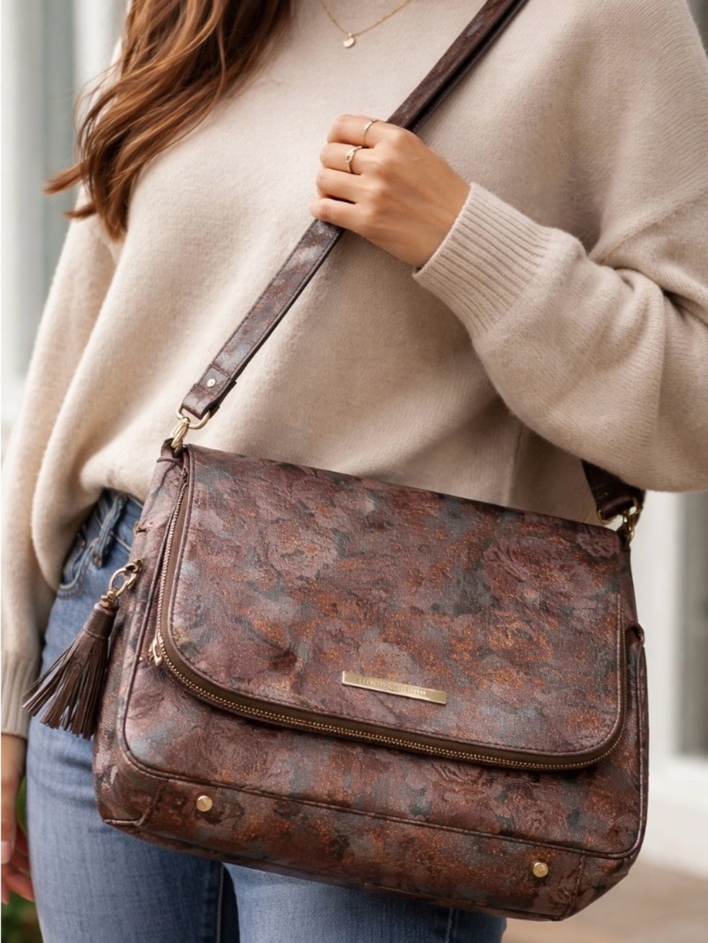 Floral-Pattern Brown Crossbody Bag with Tassel Accent